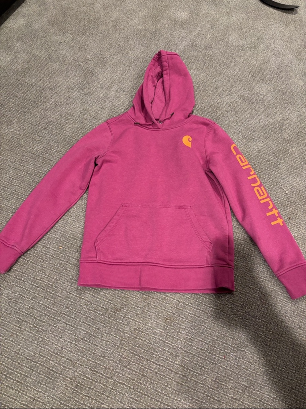 Carhartt Magenta Hoodie with orange Logo and Script